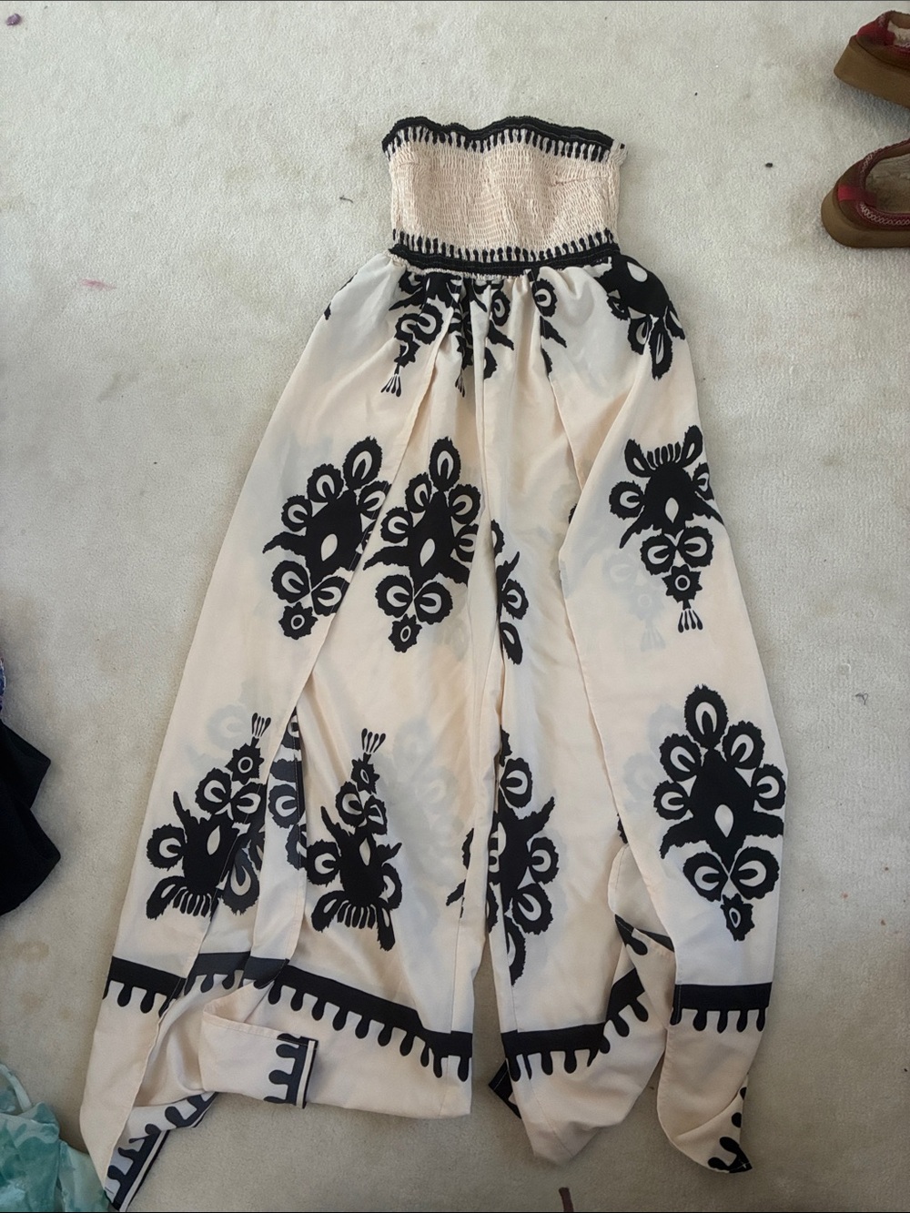 SHEIN Cream Strapless Maxi Dress with Black Embroidery